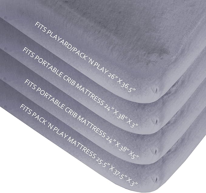 4-Pack Fitted Pack and Play Sheets for Boys and Girls - Breathable, Soft Microfiber Baby Sheets in Grey and Navy