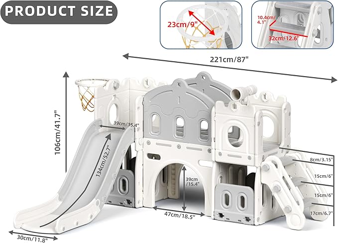 8 in 1 Toddler Slide Set, Kids Slide for Toddlers Age 1-3, Toddler Climber Slide PlaySet with Basketball Hoop,Outdoor Indoor Playground for Toddlers 1-3, White Gray