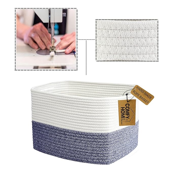 COMFY-HOMI Medium Cotton Rope Basket With Handles for Shelves|Dog Toy|Baby Gift Basket Empty for Organizing|NEW Generation 13.5" x 11" x 9.5" Living Room (Navy Blue)