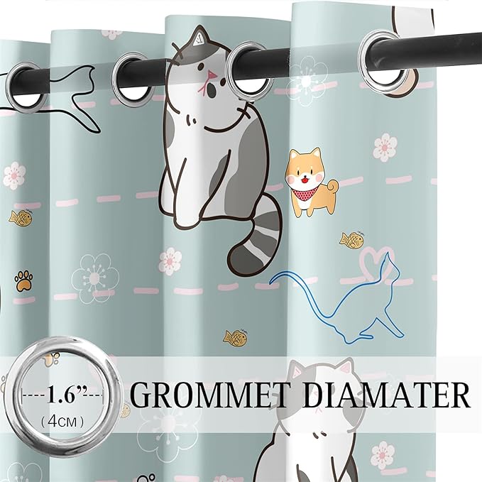 Cartoon Cat Blackout Curtains for Girls Room - Grommets Top, Animal Themed, Thermal Insulated Panels for Bedroom, Nursery Decor, 82 in x 84 in