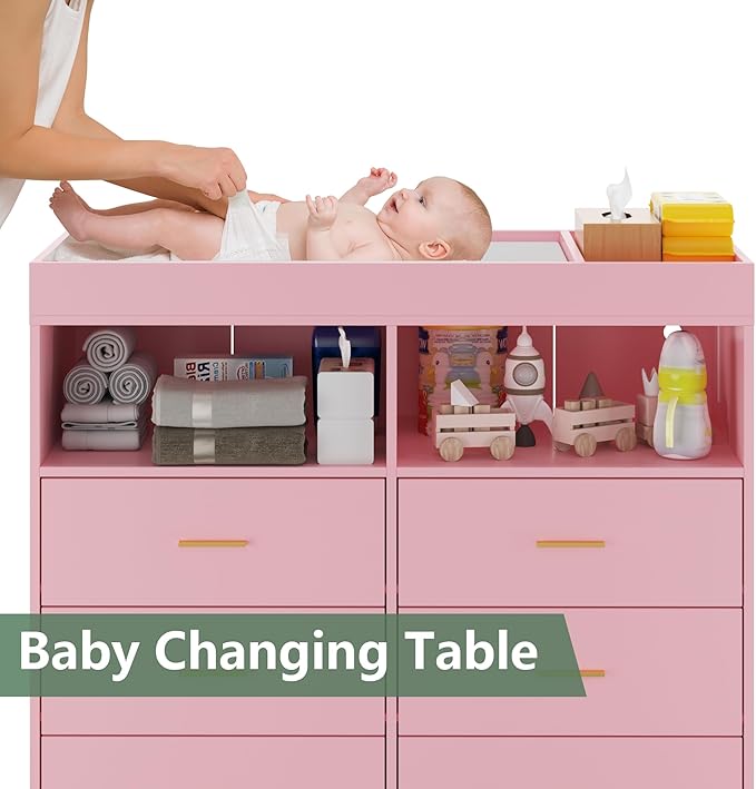 Changing Table Dresser with Drawers, Baby Dresser with Changing Table Top, Power Outlet, LED Light & Metal Feet, Diaper Changing Station Nursery Organizer for Infants Newborn, Pink