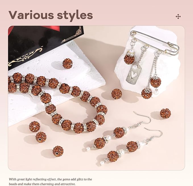 105pcs 10mm Rhinestone Beads for Jewelry Making, Brown Shiny Round Disco Ball Beads Bulk, Sparkle Crystal Clay Christmas for Bracelet Baseball Necklace Earring Crafting and DIY