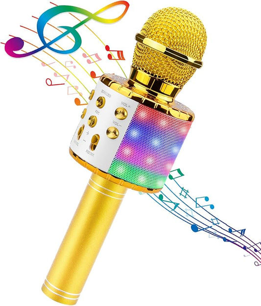 BlueFire 4 in 1 Karaoke Wireless Microphone with LED Lights, Portable Microphone for Kids, Great Gifts Toys for Kids, Girls, Boys and Adults (Gold)