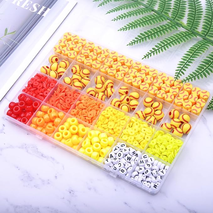 1600PCS Softball Sports Ball Polymer Clay Beads Charms for Friendship Bracelets Making Kit Cute Fun Beads DIY Arts Crafts Birthday Gifts for Kids Girls Softball Bead