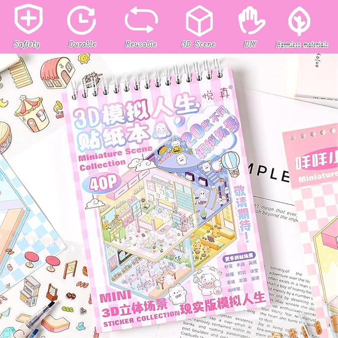 Dwpetzo 20 Sets DIY 3D Sticker Scenes for Adults with Tweezer, Cute 3D House Sticker Therapy for Girls Make Your Own Mini Room Scene Collection Book for Adult Kids Relief Stress Pass The Time