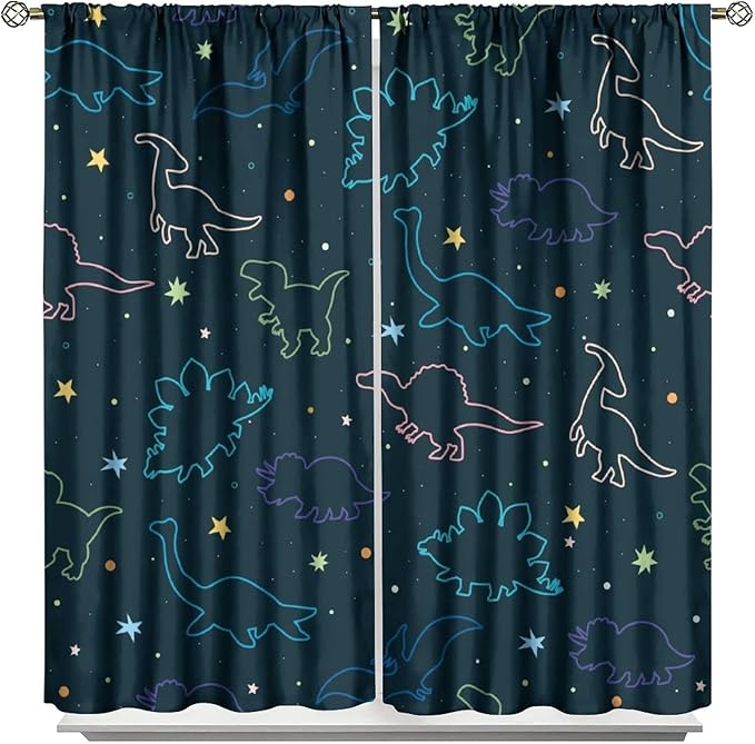 Cartoon Colorful Dinosaur Curtains for Kids Boys Girls Home Decor, Astronaut Funny Outer Space Star Blackout Rod Pocket Window Drapes for Bedroom Living Room W36xL63in 2 Panels
