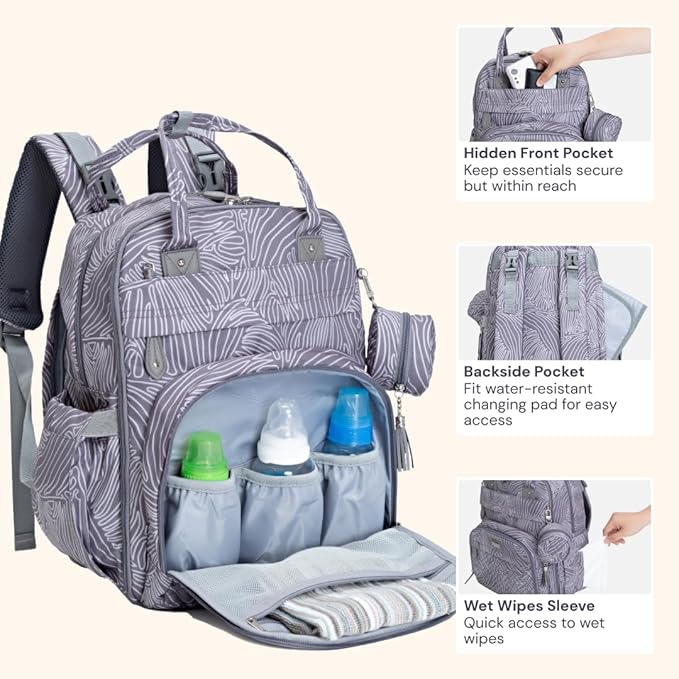 BabbleRoo Diaper Bag Backpack - Baby Essentials, Travel Essentials Baby Bag with Changing Pad, Stroller Straps & Pacifier Case - Unisex, Gray Swirls