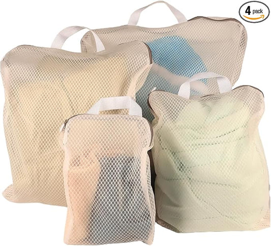 4 Pack Mesh Laundry Bag Mesh Laundry Bags Laundry with Handle for Washing Socks, Baby Items, Lingerie, Travel Garments (BEIGE, 4)