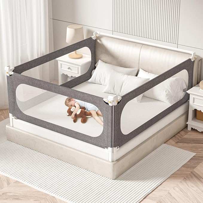 3-Piece Queen Size Bed Rails for Toddlers, with Headboard Rod -Height Adjustable Baby' Safety Bed Rails Guard for Queen Size Bed(3Pack 78.7"x78.7"x59"-Gray)