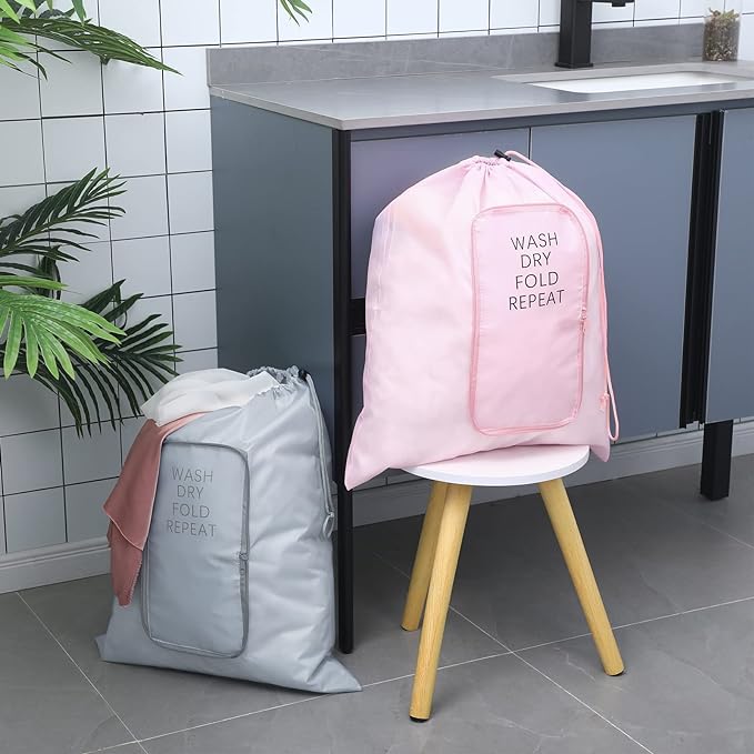 Boao 2 Pcs Travel Laundry Bag Washable Dirty Clothes Bag with Drawstring and Zipper for Suitcase, 22 x 18 Inch (Pink, Gray,Classic)