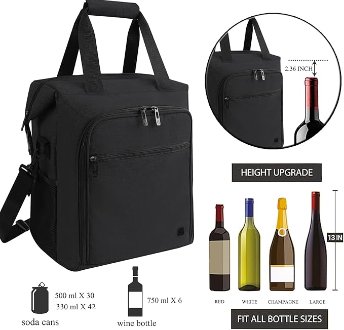 ALLCAMP 6 Bottle Wine Gift Bag - Insulated Tote Cooler, Adjustable Strap, Includes 6 Wine Glasses, Napkins & Corkscrew, Portable Travel Gifting(Black)