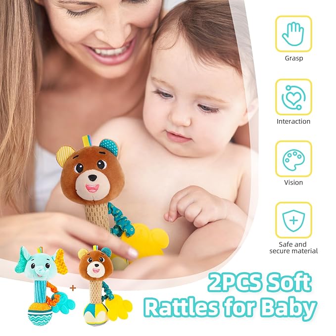 Baby rattles 0-6 months, Set of 2 rattles for babies 0-6 months, Soft Stuffed Animal Rattle Hand Grip Baby Toys, baby rattle Shaker Crinkle Squeaky Sensory Travel Accessories for 0 3 6 9 12 Months old