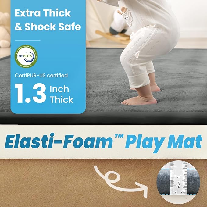 1.3" Thick Foam Baby Play Mat Extra Large 79x158, Basic Padded Plush Tummy Time Crawling Mat, Non-Slip Support Area Rug for Playroom Nursey Living Room (Dark Grey)