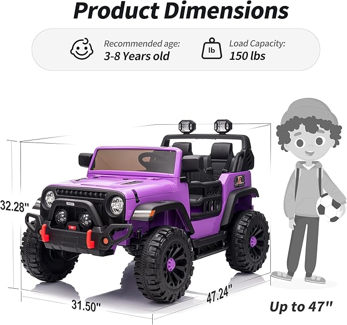 2 Seater Ride on Car Truck, 12V Kids Electric Ride on Toy for Big Kids Age 3-8 w/Remote Control- Purple