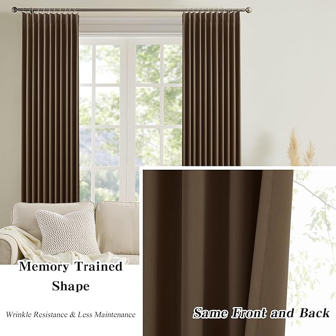 KEQIAOSUOCAI Brown Blackout Curtains 96 Inches Long,Soft Polyester Faux Silk Floor Length Pinch Pleats Panels Drapery for Bedroom, Living Room, Office, Hotel, 40" W x 96" L, Set of 2, Dark Chocolate