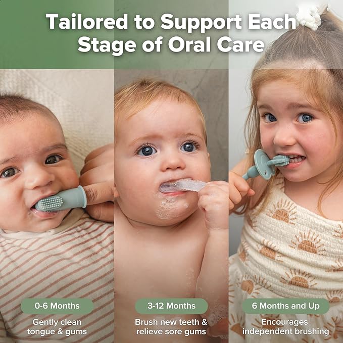 haakaa Training Toothbrush Set Oral Care Kit, Soft Silicone Toothbrush for Baby, Infants, Toddlers & Kids, Pea Green