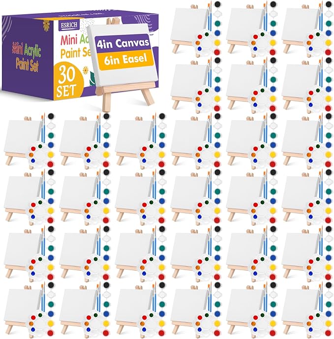 ESRICH 30Pack Mini Acrylic Paint Kit,Canvas Painting Kit,4inStretched Canva with6in Easel,Acrylic Paint Strips,Palettes,Painting Brushes,Canva and Easel Set for Kids Artists Beginner,Gift