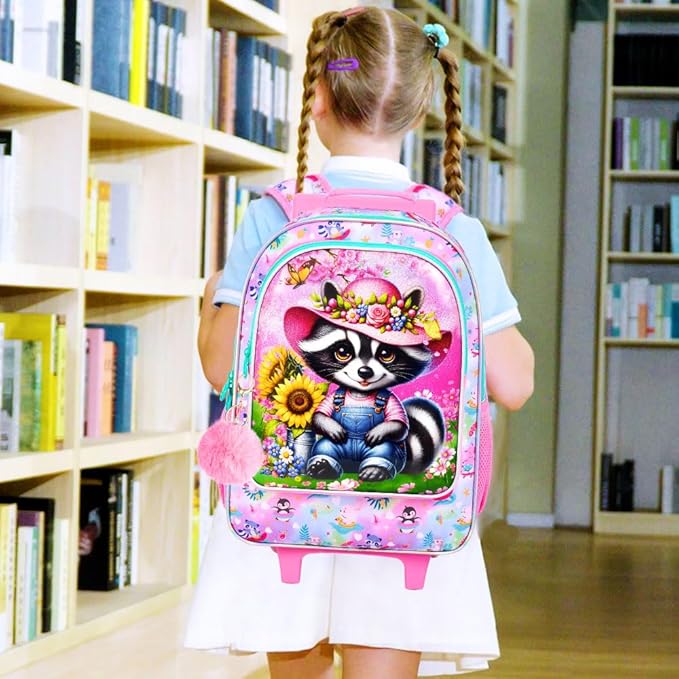 Girls Rolling Backpack, Cute Raccoon Roller Wheels Kids Bookbag - Wheeled Elementary School Bag - 3PCS Raccoon