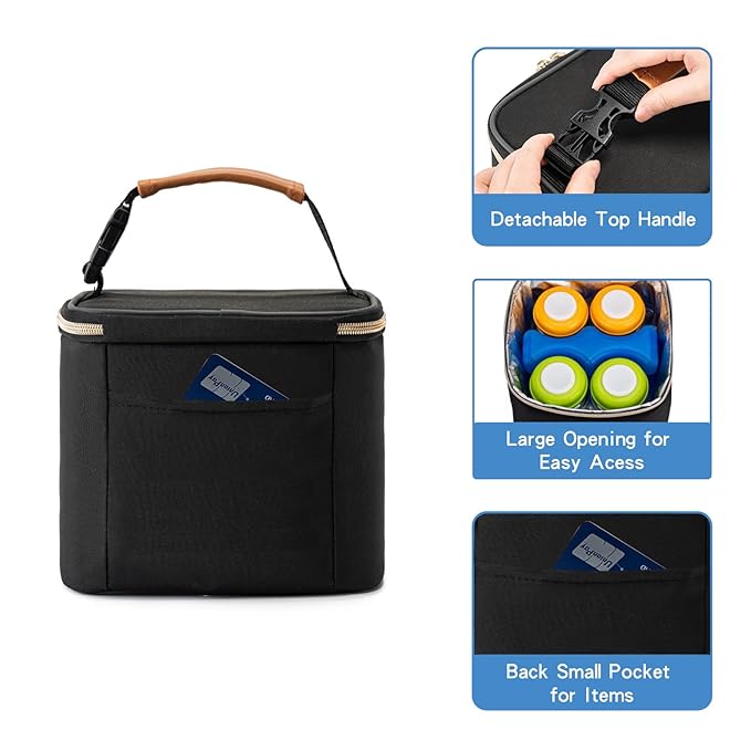 Insulated Bottle Bag with Ice Pack Fits 4 Large Baby Bottles Up to 5 Ounce, Cooler Bag Great for Nursing Mom Daycare-Black