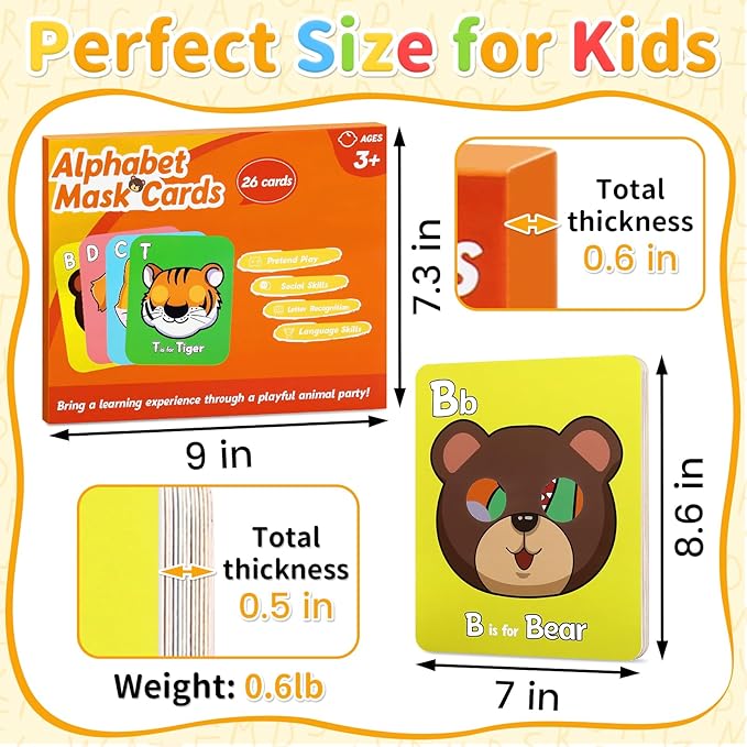 26 PCS Alphabet Mask Cards, Colorful Alphabet ABC Flash Cards with Animal Mask, Giant Letter ABC Animal Faces Flash Learning Flashcards