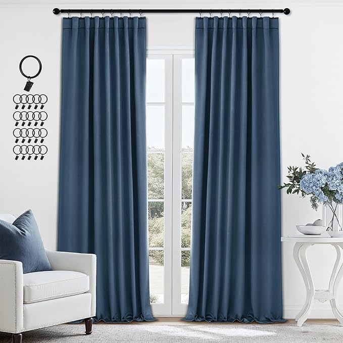 ANRODUO Back Tab Blackout Curtains for Bedroom Living Room, Rod Pocket Pinch Pleated Thermal Insulated Room Darkening Curtains 96 Inches Long 2 Panels, Stone Blue, 42 x 96 Inch