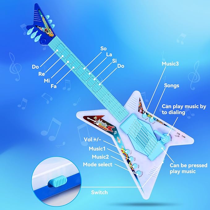Guitar and Microphone Play Set with Glasses,Music Toys with Music&Light,Kids Karaoke Machine,Music Instruments for Toddlers,Boys,Perschool Educational Toys Gift for Children