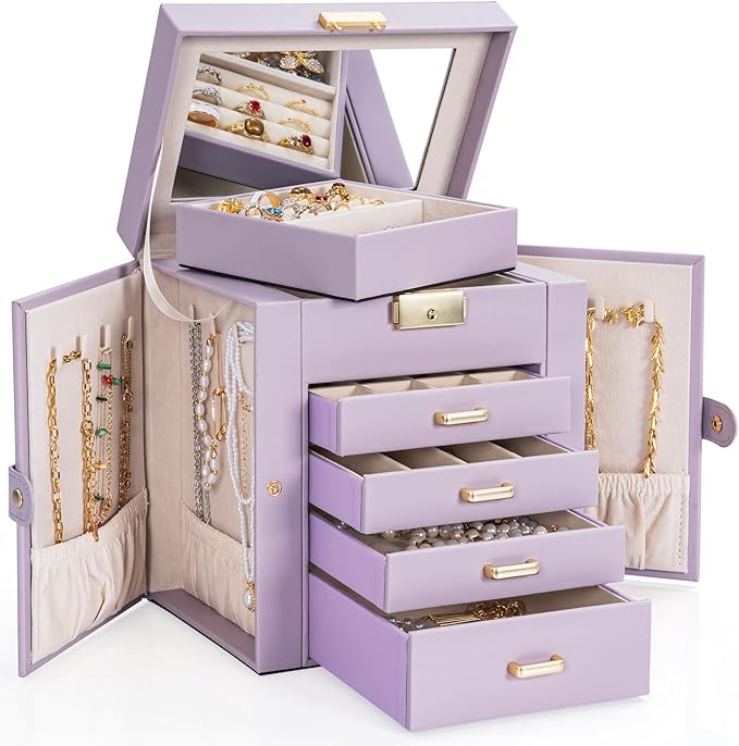 AKOZLIN 5-Tier Jewelry Box Leather Jewelry Storage Organizer with 4 Drawers Lockable for Women Girls Ring Necklace Earring Bracelet Watches Holder with Mirror Purple