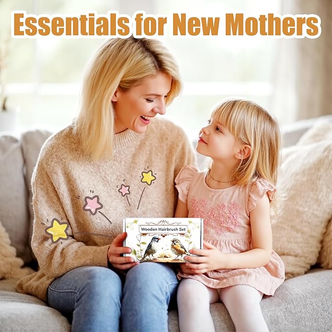 Goat Baby Hair Brush Set, 2pcs Wooden Soft Bristles Brush with Comb and Pink Silicone Bath Brush for Newborns Toddlers Safe Natural Hair Care Kit