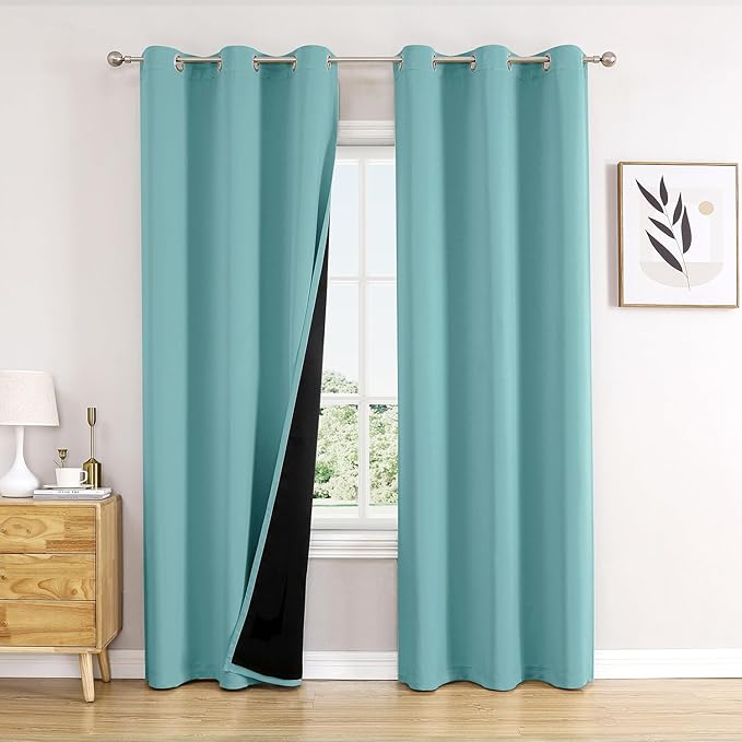 ChrisDowa 100% Blackout Curtains 84 inch Long for Bedroom with Black Liner, 2 Thick Layers Total Blackout Thermal Insulated Grommet Window Curtains 2 Panels Set (Aqua, 42 x 84 Inch)