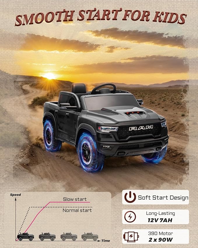 12V Licensed Ram 1500 Ride on Toy for Kids, Toddler Ride on Pickup Truck with Parent Remote Control, Electric Car for Kids with Truck Bed Storage, 3 Point Safety Belt (Black)