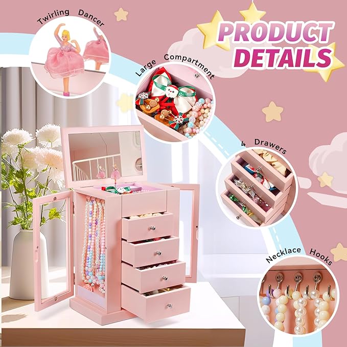 Jewelry Box for Girls, Musical Jewelry Box with Spinning Dancer Gifts for Little Girls Christmas New Year Birthday Children's Day, 5 Layer Large Wooden Kids Music Jewelry Organizer Box(Pink)
