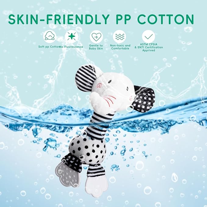 Black & White Elephant Baby Toys 0-12 Months - Plush Sensory Rattle with Teether, Wind Chime, BB Squeaker & Embroidery for Visual, Hearing & Cognitive Development