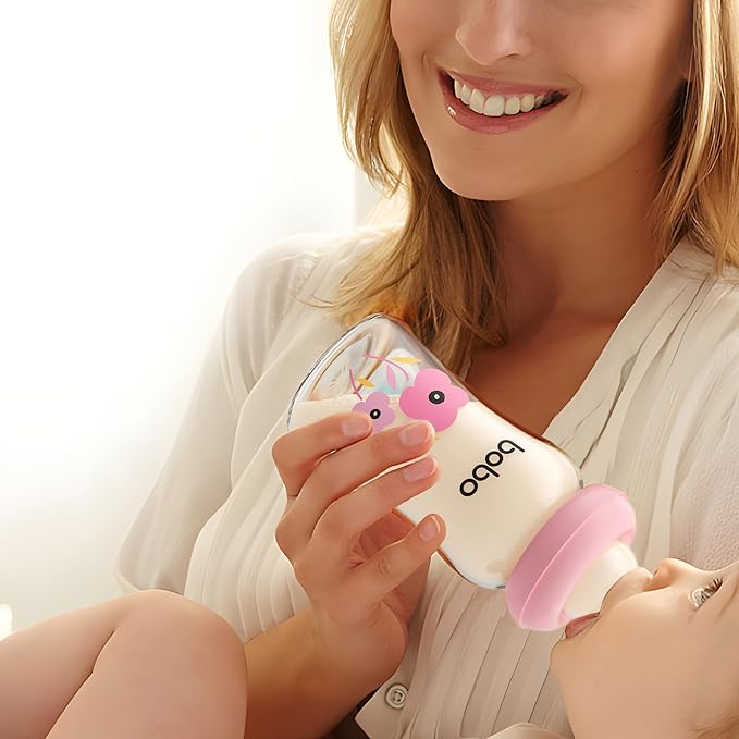 YOHKOH Natural Glass Baby Bottle with Natural Response Nipple, Newborn Anti-Colic Baby Bottles, Wide Neck Mushroom Cap Baby Bottle, Clear ((5.4oz (Pack of 4), Multicolour)