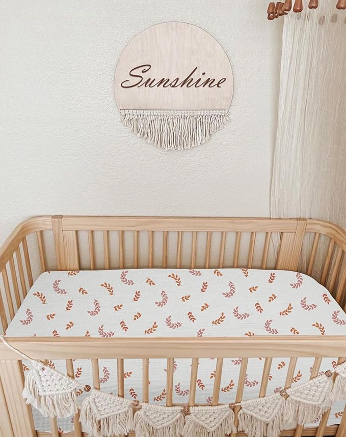 Bassinet Sheet for Baby Boy and Girl, Fitted Sheets for Rectangle, Oval, Hourglass Bassinet Mattress, Muslin Moses Basket Sheets with Neutral Style (Leaf)