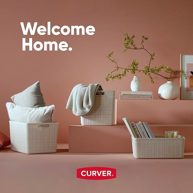 Curver Jute Large Decorative Plastic Organization and Storage Baskets, Perfect Bins for Home Office, Closet Shelves, Kitchen Pantry and All Bedroom Essentials, Pack of 4, Black