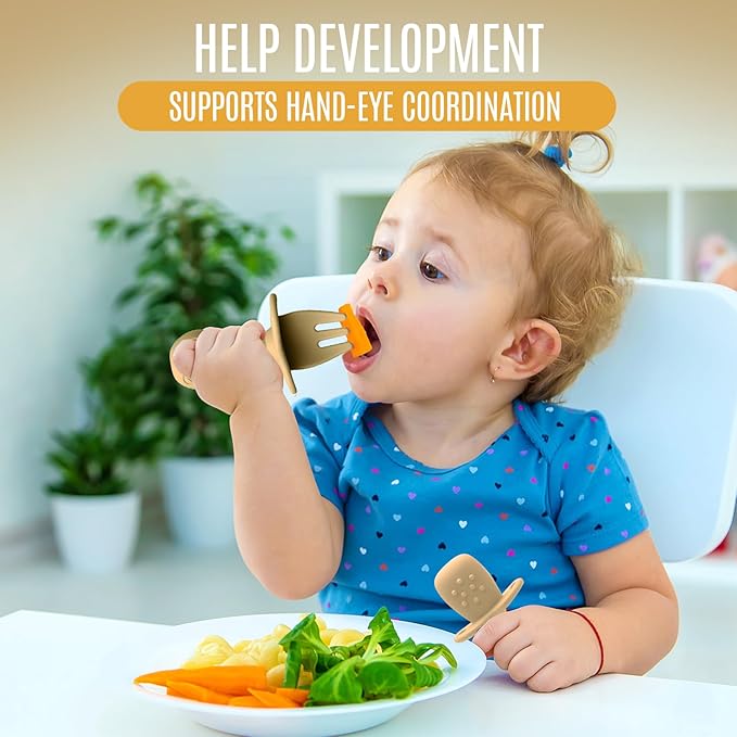 8pc Silicone Baby Spoons & Forks Set – Self Feeding Baby Utensils 6-12 Months – BPA Free, Dishwasher Safe – Toddler Cutlery (Turquoise/Pickle & Green/Yellow)