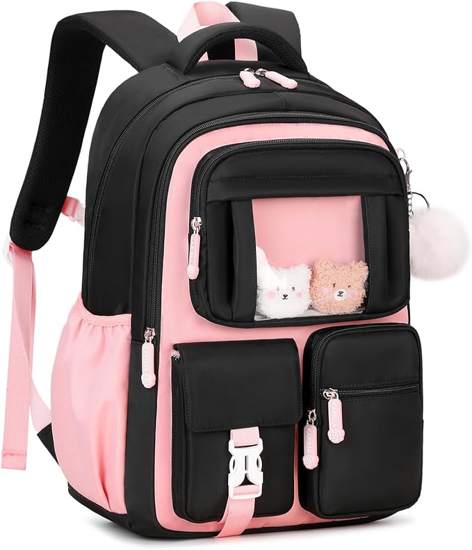 Kids Backpack for Girls School Bags for Middle School Students Book Bag for Elementary Primary Kawaii Ita Backpack, Black and Pink