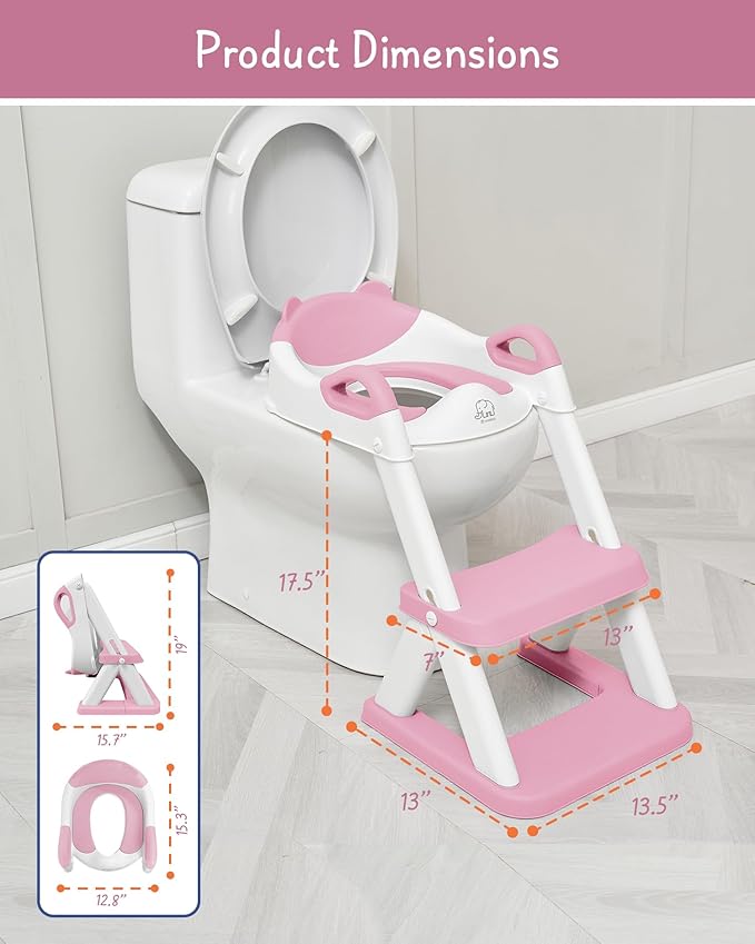 Forbena Girls Potty Training Seat with Step Stool Ladder, Pink Toilet Potty Seat for Baby Girl Toddlers, Kids Chair Stairs with Handles and Soft Cushion (White and Pink)