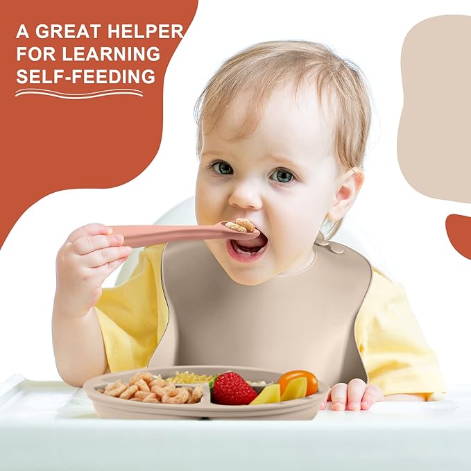 10 Pack Silicone Baby Feeding Set, Toddlers Led Weaning Feeding Supplies with Suction Baby Bowl Divided Plate Adjustable Bib Soft Silicone Spoon Fork, Infant Self Eating Utensil Set (Beige, Orange)
