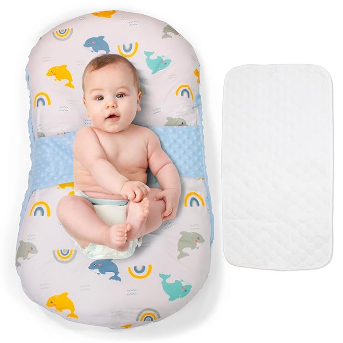 Baby Lounger for Newborns and Infants, Portable Lounger with Pillow & Foot Rest - 100% Cotton, Snug, Travel-Friendly, Breathable Fabric, Ideal for Cribs & Floor - Sprinta (Poly Snuggle)