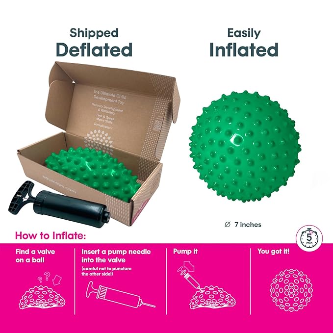 Edushape Original Sensory Ball for Baby - 7" Deflated with Pump, Green Color, Enhances Gross Motor Skills for Kids 6 Months & Up