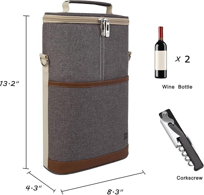 ALLCAMP OUTDOOR GEAR 2 Bottle Wine Tote Carrier - Insulated Portable Padded Canvas Wine Bag for Travel, BYOB Restaurant, Wine Tasting, Party, Great Christmas Day Gift for Wine Lover，Dark Gray