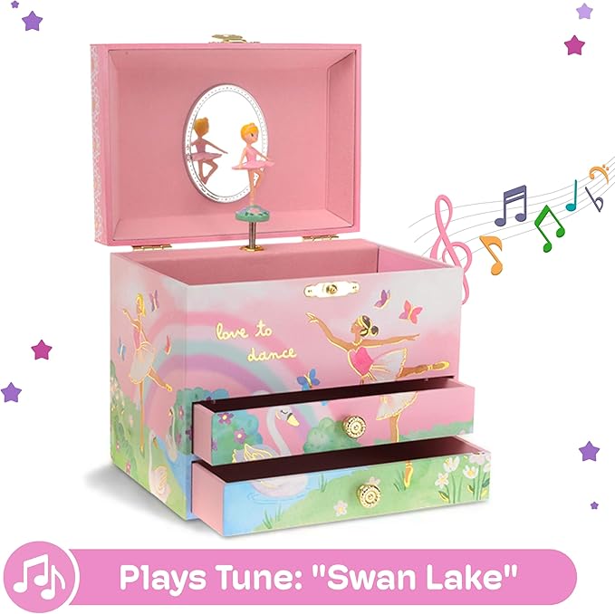 Jewelkeeper Jewelry Box for Girls - Spinning Ballerina Doll to Swan Lake Tune Music Box - Pink Jewelry Boxes for Girls with 2 Drawers - Ideal for Storing Necklaces and Bracelets - 7Lx5Hx6W Inches