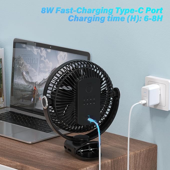 12000mAh Clip on Fan 30H Longest Runtime, 8in Portable Fan Rechargeable, Ultra Quiet with Heavy-Duty Clamp, USB Desk Fans for Golf Cart,Office Desk, Treadmill, Camping, Bedroom