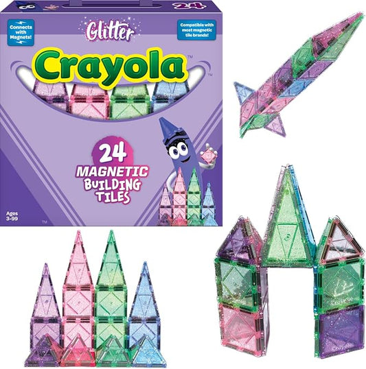 CreateOn Crayola Glitter Magnetic Tiles, Building Set for Kids, Magnetic Tiles, Kids’ Building Toys, STEM & Montessori Toys for Boys and Girls Ages 3+, 24-Piece Set (Glitter)