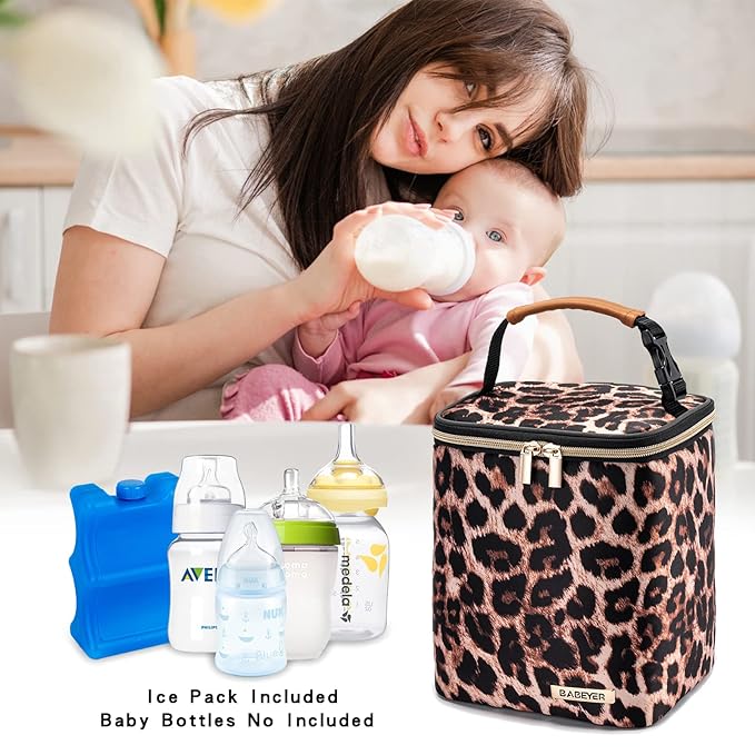 BreastMilk Cooler Bag with Ice Pack Fits 4 Baby Bottles Up to 9 Ounce, Baby Bottle Bag for Nursing Mom Daycare-Leopard Print
