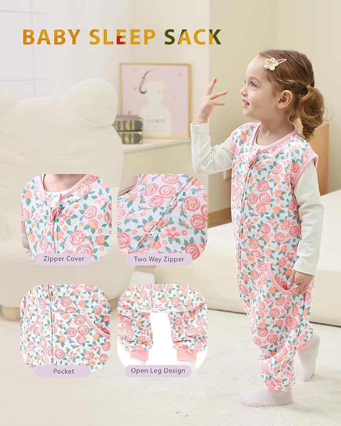 HOMEAL 1.0Tog Sleep Sack with Feet, Toddler Sleep Sacks 3T-5T, Pink Rose