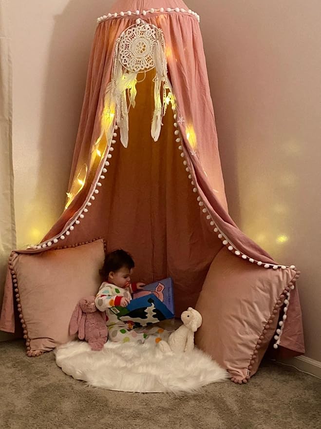 Bed Canopy with Pom Pom for Kids Crib Baby Girl Netting Cover Canopy Crib Curtain Reading Nook Hanging Tent Nursery Play Game Castle Room Decoration (Pink)