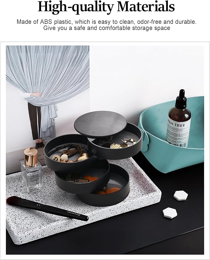 CONBOLA Jewelry Organizer, Small Jewelry Storage Box Earring Holder for Women, 5-Layer Rotating Travel Jewelry Tray Case with Lid for Bracelets Rings Bracelets(Black)