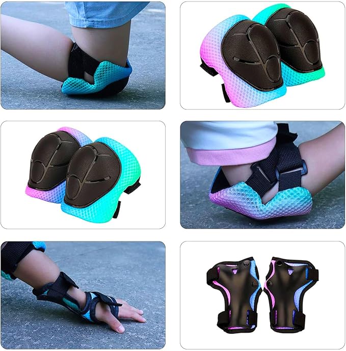 Color Gradient Adjustable Kids' Helmet with Knee & Elbow Pads Set | Multi-Sport Safety Gear for Boys & Girls Ages 5-14 | Skateboarding, Scooters, Roller & Inline Skating, Longboarding